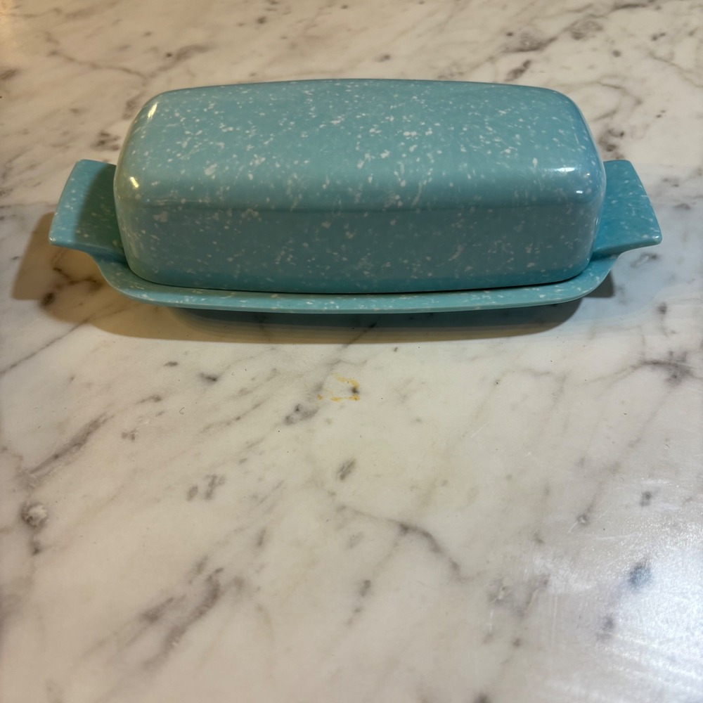 Vintage Prolon Melmac Butter Dish Turquoise Blue Confetti Speckled MCM 16-B